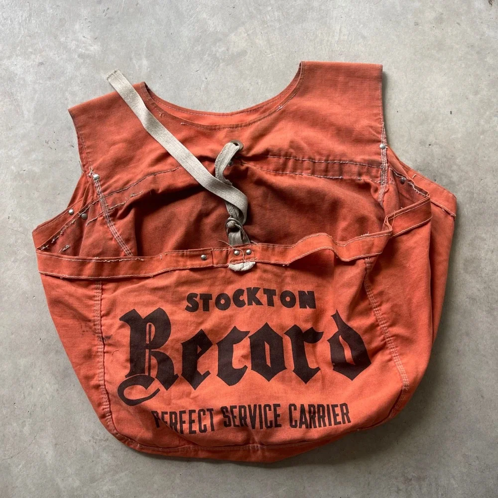 Vintage Stockton Record Newspaper Delivery Double Mail Bag Canvas Apron Carrier